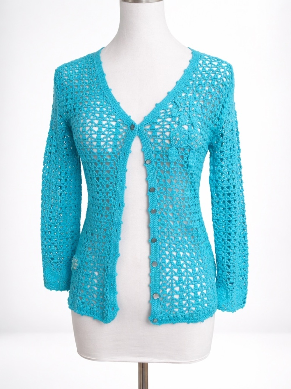 Vintage Crochet Cardigan Teal Fairycore Mermaid Y2K Knit M
